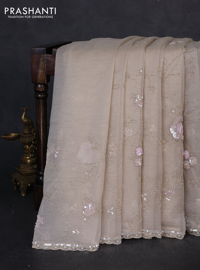 Crush tissue saree beige with allover sequin & beaded work