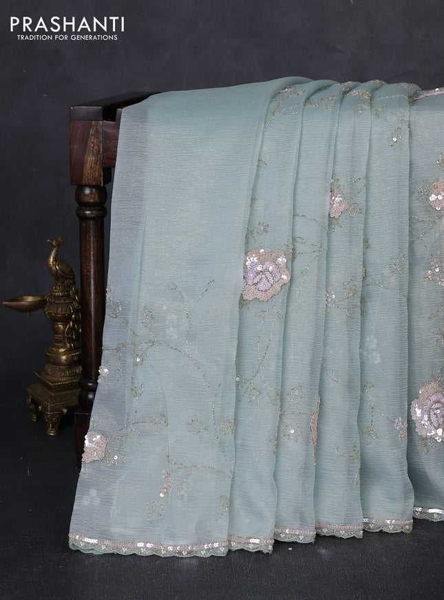 Crush tissue saree teal blue with allover sequin & beaded work