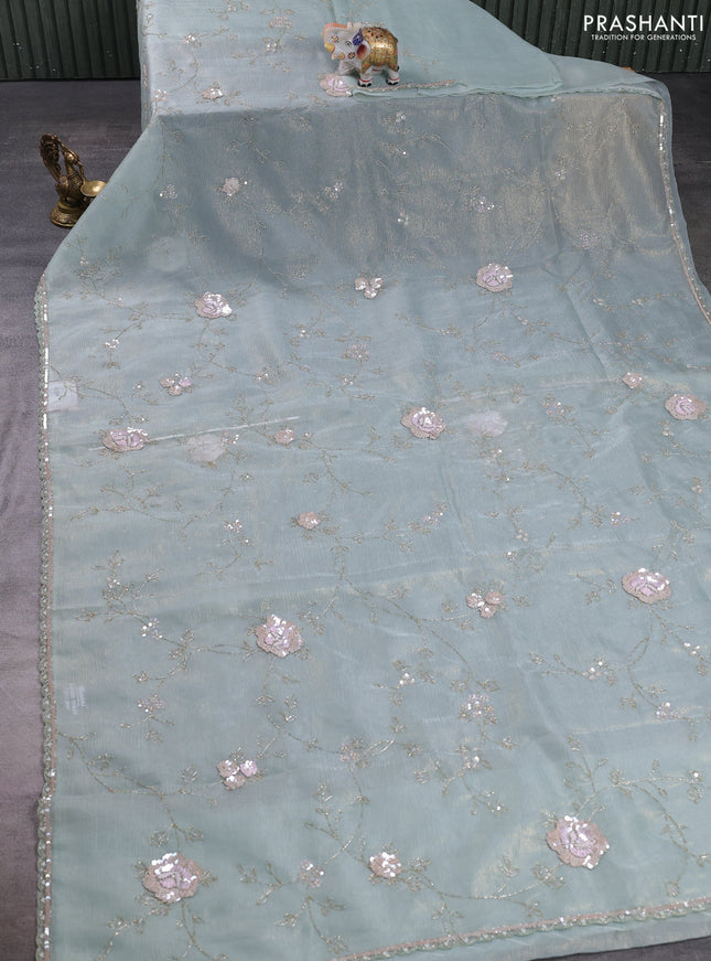 Crush tissue saree teal blue with allover sequin & beaded work
