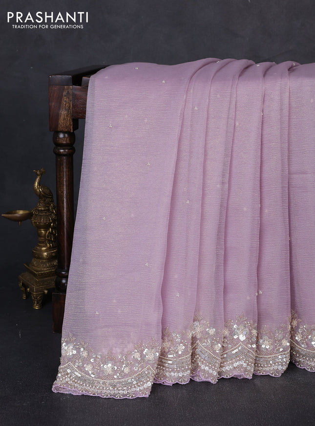 Crush tissue saree mild lavender with sequin embroidery buttas and floral sequin embroidery pallu & border