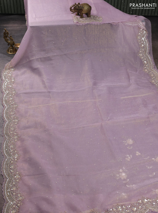 Crush tissue saree mild lavender with sequin embroidery buttas and floral sequin embroidery pallu & border