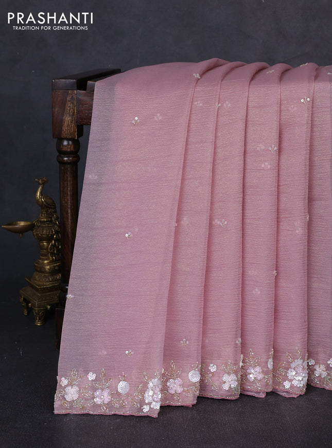 Crush tissue saree pastel pink with sequin embroidery buttas and floral sequin embroidery pallu & border