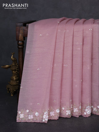 Crush tissue saree pastel pink with sequin embroidery buttas and floral sequin embroidery pallu & border