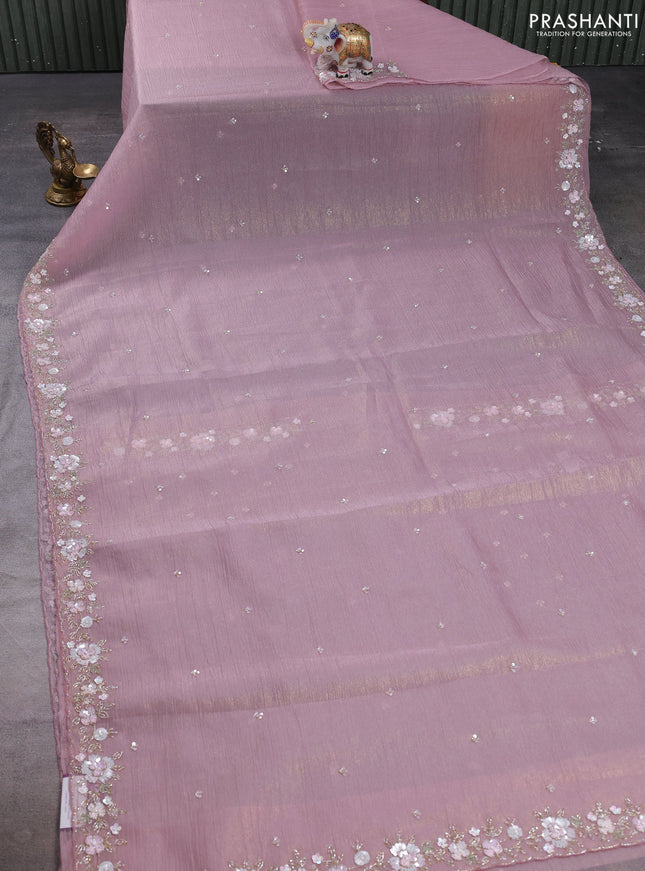 Crush tissue saree pastel pink with sequin embroidery buttas and floral sequin embroidery pallu & border