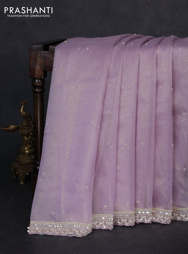 Crush tissue saree mild lavender with beaded work buttas and sequin embroidery pallu & border