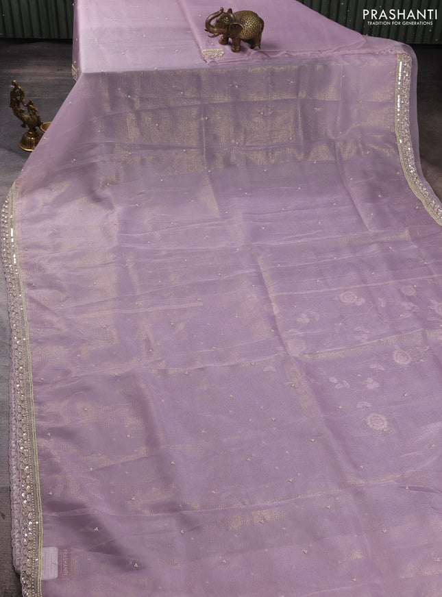 Crush tissue saree mild lavender with beaded work buttas and sequin embroidery pallu & border