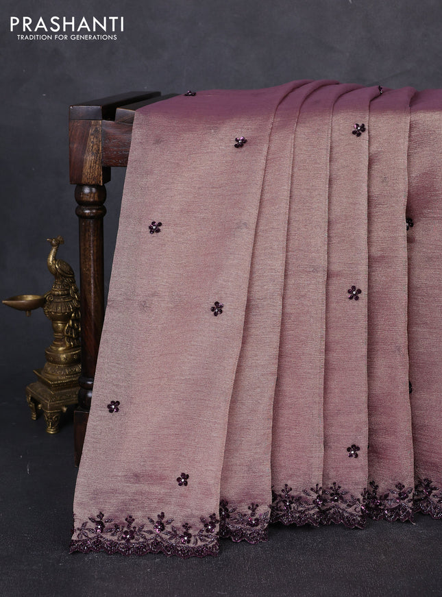 Crush tissue saree pastel pink with sequin embroidery buttas and sequin embroidery pallu & border
