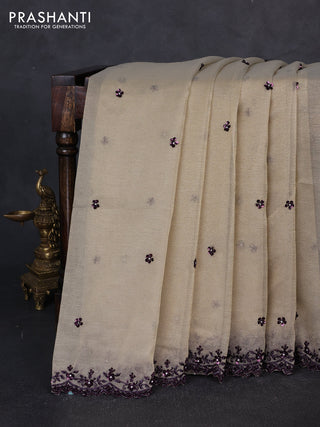 Crush tissue saree beige with sequin embroidery buttas and sequin embroidery pallu & border