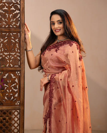 Crush tissue saree dark peach with sequin embroidery buttas and sequin embroidery pallu & border