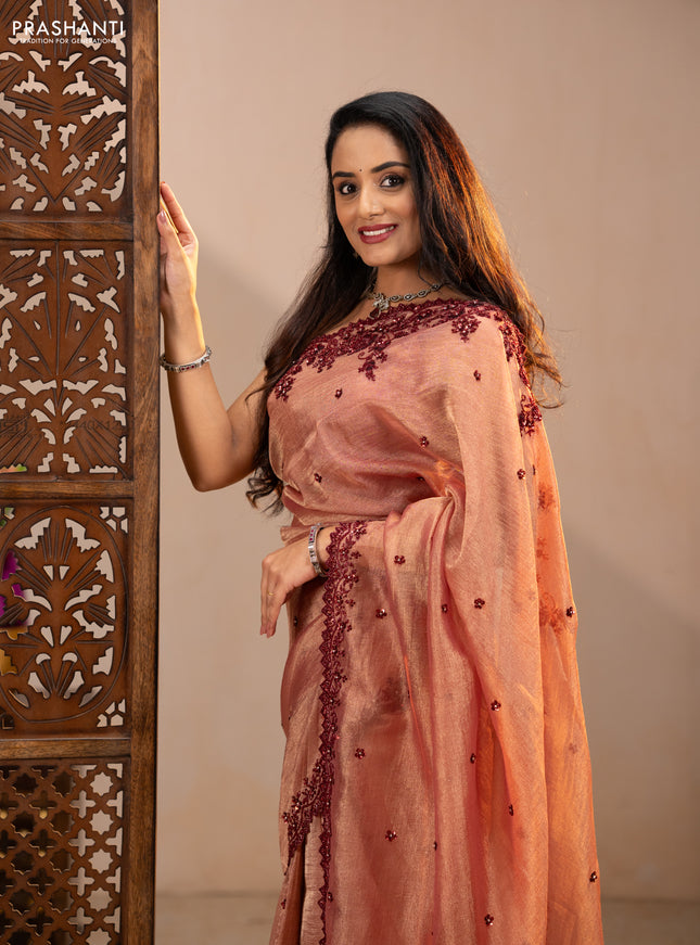 Crush tissue saree dark peach with sequin embroidery buttas and sequin embroidery pallu & border