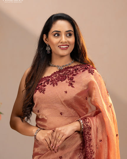 Crush tissue saree dark peach with sequin embroidery buttas and sequin embroidery pallu & border