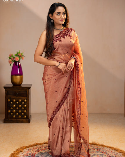 Crush tissue saree dark peach with sequin embroidery buttas and sequin embroidery pallu & border