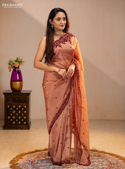 Crush tissue saree dark peach with sequin embroidery buttas and sequin embroidery pallu & border