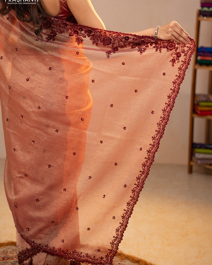 Crush tissue saree dark peach with sequin embroidery buttas and sequin embroidery pallu & border