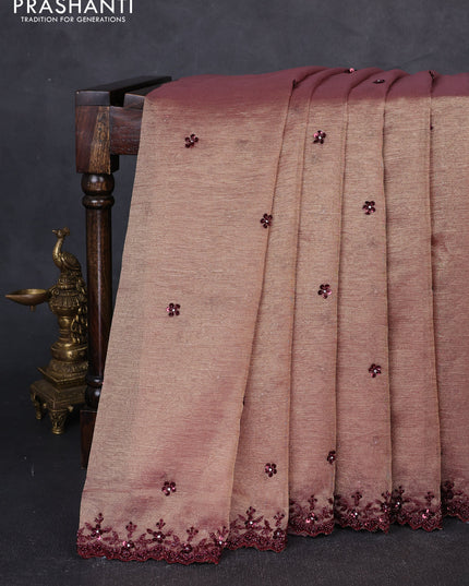 Crush tissue saree dark peach with sequin embroidery buttas and sequin embroidery pallu & border