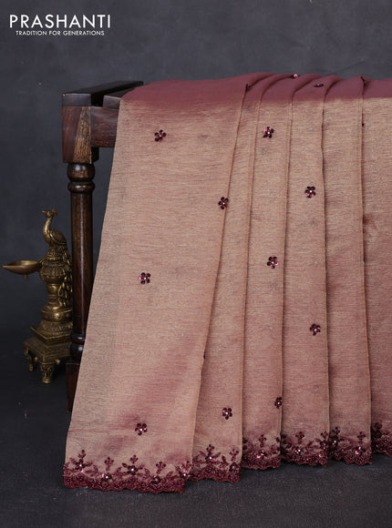 Crush tissue saree dark peach with sequin embroidery buttas and sequin embroidery pallu & border