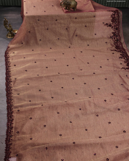 Crush tissue saree dark peach with sequin embroidery buttas and sequin embroidery pallu & border