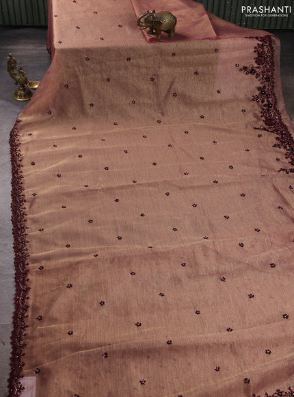 Crush tissue saree dark peach with sequin embroidery buttas and sequin embroidery pallu & border