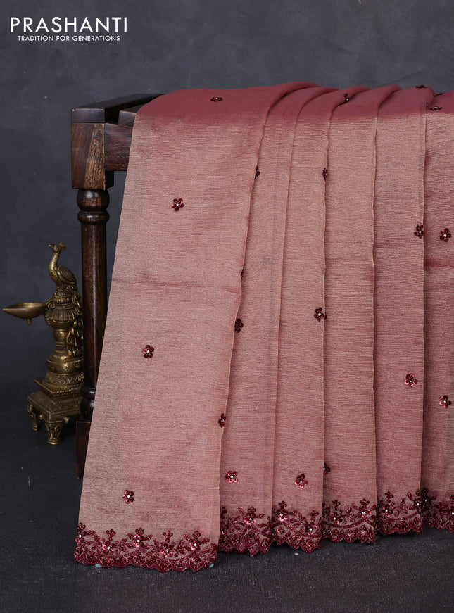 Crush tissue saree dark peach with sequin embroidery buttas and sequin embroidery pallu & border