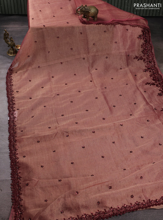 Crush tissue saree dark peach with sequin embroidery buttas and sequin embroidery pallu & border
