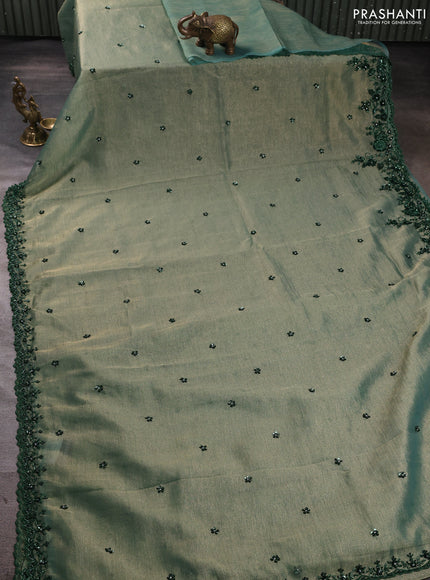 Crush tissue saree green with sequin embroidery buttas and sequin embroidery pallu & border