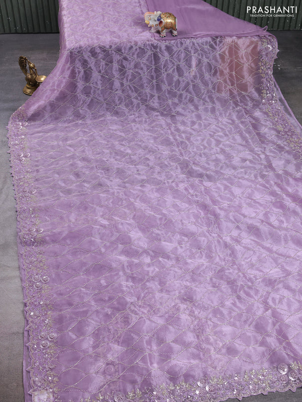 Organza saree lavender with allover beaded work and sequin embroidery pallu & border