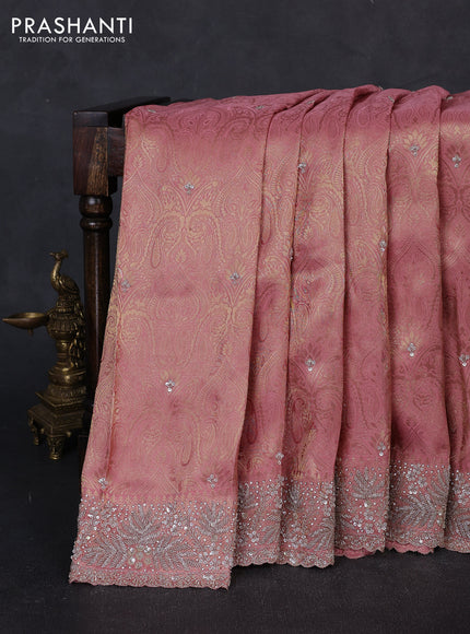 Banarasi silk saree peach pink with allover zari woven brocade weaves & sequin work and sequin embroidery work pallu & border