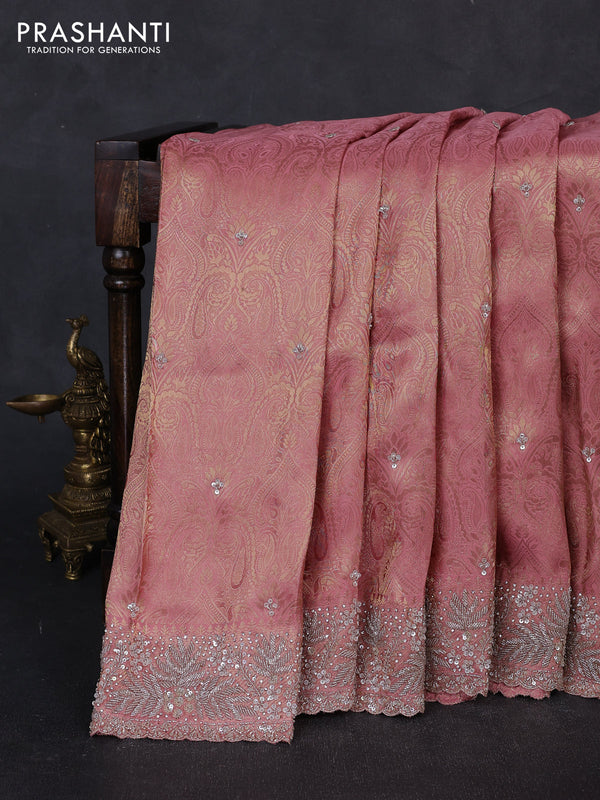 Banarasi silk saree peach pink with allover zari woven brocade weaves & sequin work and sequin embroidery work pallu & border