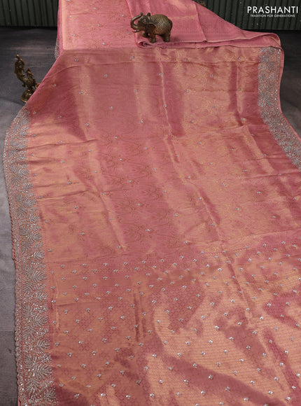 Banarasi silk saree peach pink with allover zari woven brocade weaves & sequin work and sequin embroidery work pallu & border