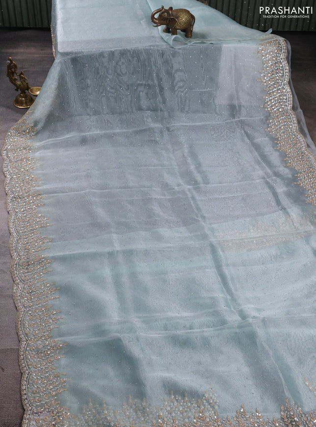 Crush tissue saree light blue with allover stone work and sequin embroidery pallu & border