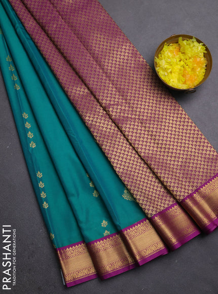 Semi kanchipuram silk saree teal green and purple with zari woven buttas and zari woven border