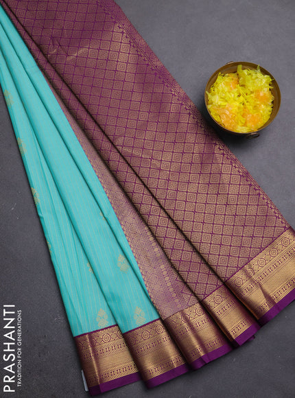 Semi kanchipuram silk saree teal blue and purple with allover zari weaves & buttas and zari woven border