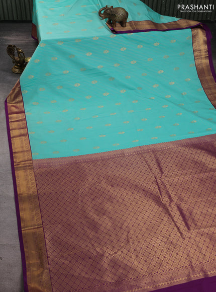 Semi kanchipuram silk saree teal blue and purple with allover zari weaves & buttas and zari woven border