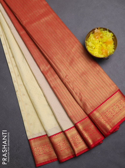 Semi kanchipuram silk saree cream and red with allover zari stripe & buttas and zari woven border