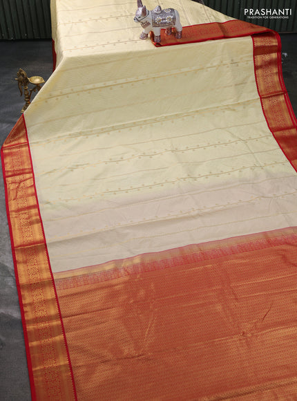 Semi kanchipuram silk saree cream and red with allover zari stripe & buttas and zari woven border