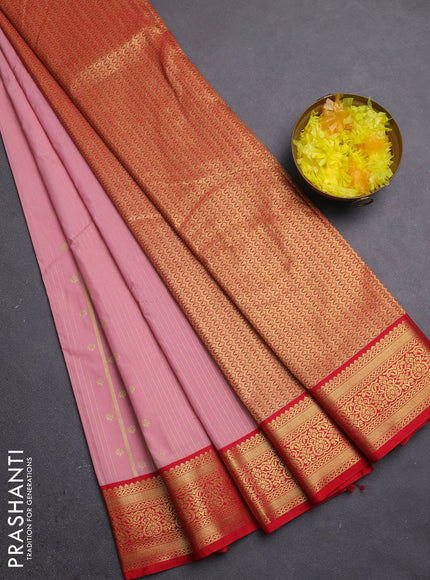 Semi kanchipuram silk saree mild peach pink and red with allover zari stripe & buttas and zari woven border