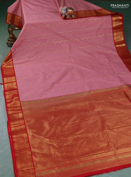 Semi kanchipuram silk saree mild peach pink and red with allover zari stripe & buttas and zari woven border