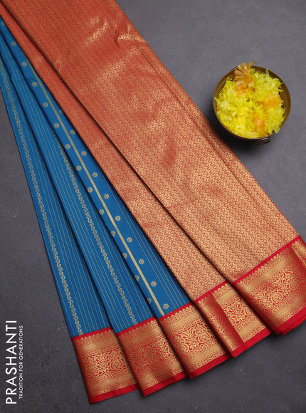 Semi kanchipuram silk saree peacock blue and red with allover zari stripe & buttas and zari woven border