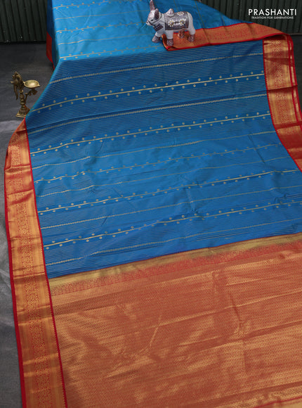 Semi kanchipuram silk saree peacock blue and red with allover zari stripe & buttas and zari woven border