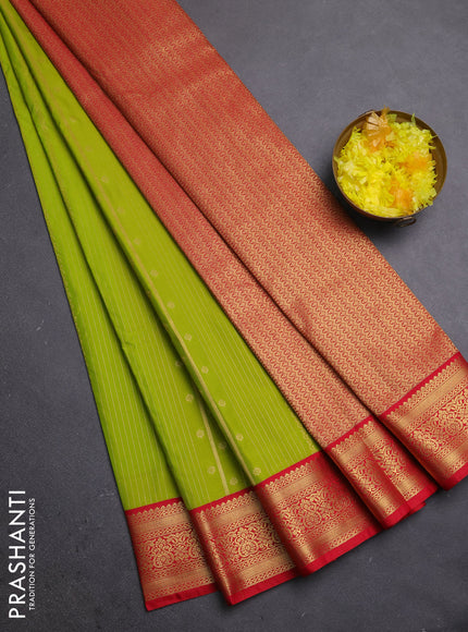 Semi kanchipuram silk saree light green and red with allover zari stripe & buttas and zari woven border
