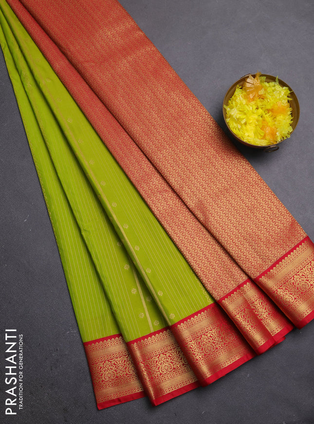 Semi kanchipuram silk saree light green and red with allover zari stripe & buttas and zari woven border