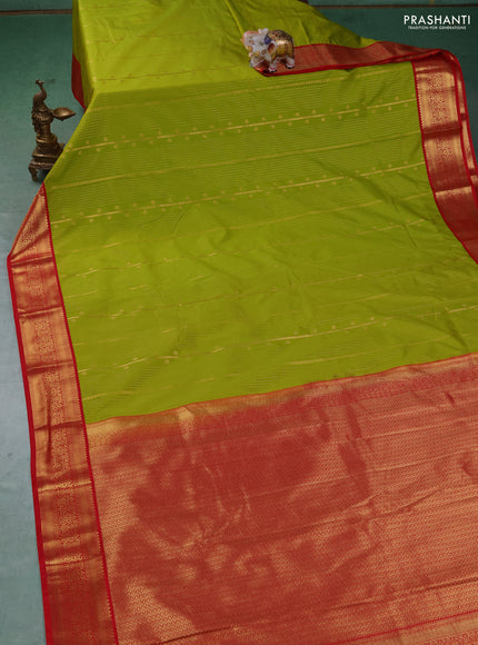 Semi kanchipuram silk saree light green and red with allover zari stripe & buttas and zari woven border