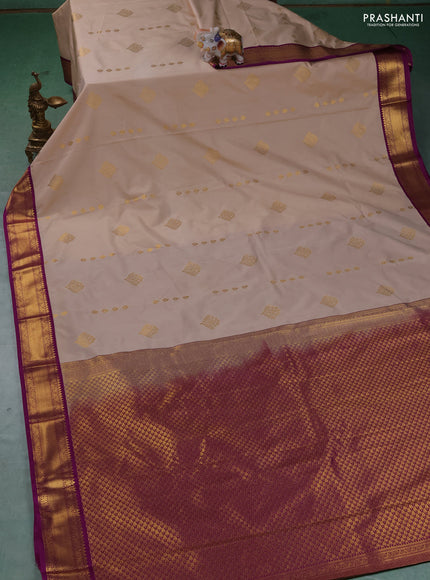 Semi kanchipuram silk saree beige and purple with zari woven buttas and zari woven korvai border