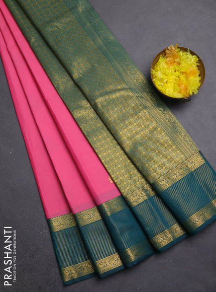 Semi kanchipuram silk saree peach pink and peacock green with zari woven buttas and zari woven border