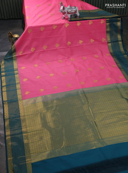 Semi kanchipuram silk saree peach pink and peacock green with zari woven buttas and zari woven border