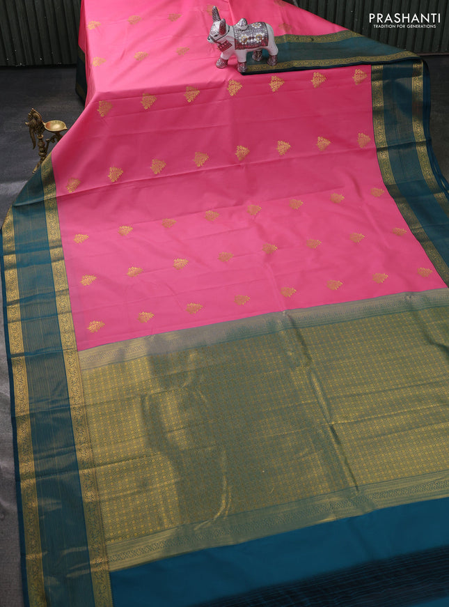Semi kanchipuram silk saree peach pink and peacock green with zari woven buttas and zari woven border