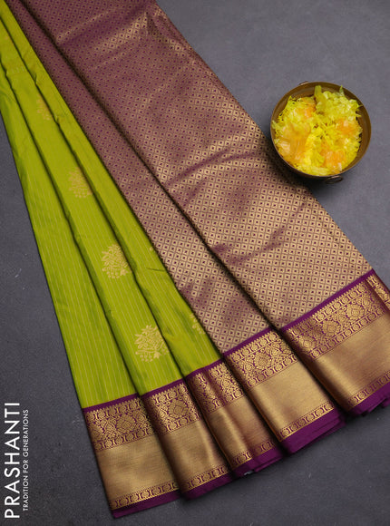 Semi kanchipuram silk saree lime green and purple with allover zari weaves & buttas and zari woven border