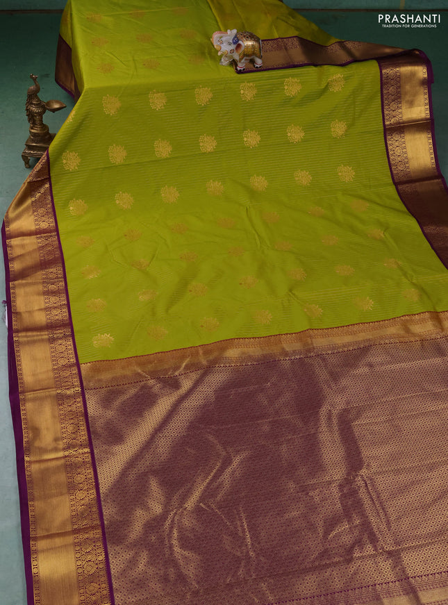 Semi kanchipuram silk saree lime green and purple with allover zari weaves & buttas and zari woven border