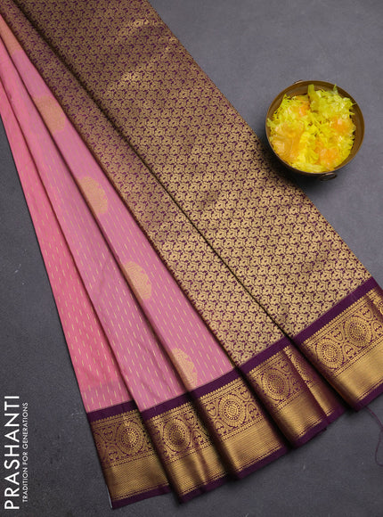 Semi kanchipuram silk saree peach pink and purple with allover zari weaves & buttas and zari woven border