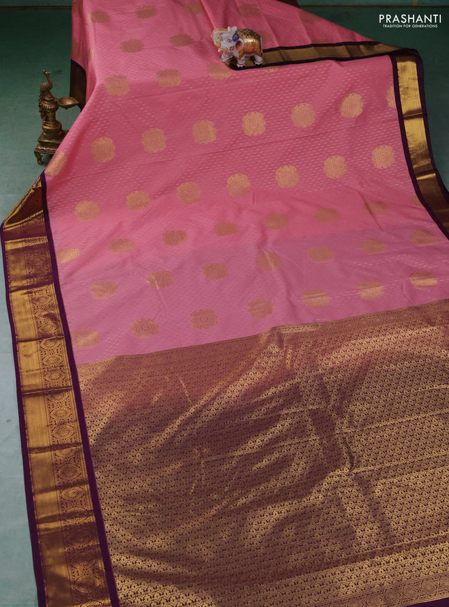 Semi kanchipuram silk saree peach pink and purple with allover zari weaves & buttas and zari woven border